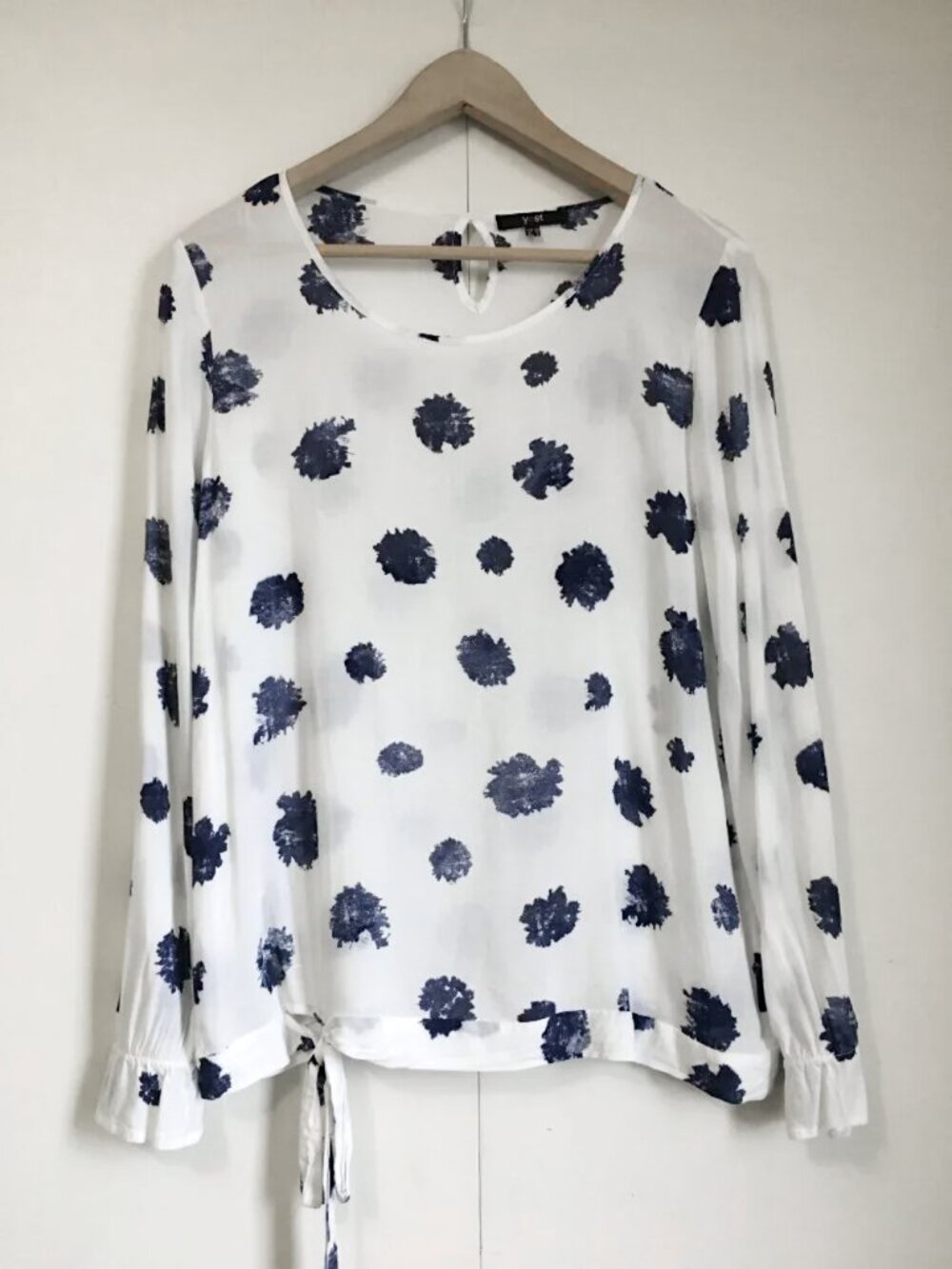 Yest White Rayon Poet Blouse Navy Abstract Tie Waist S